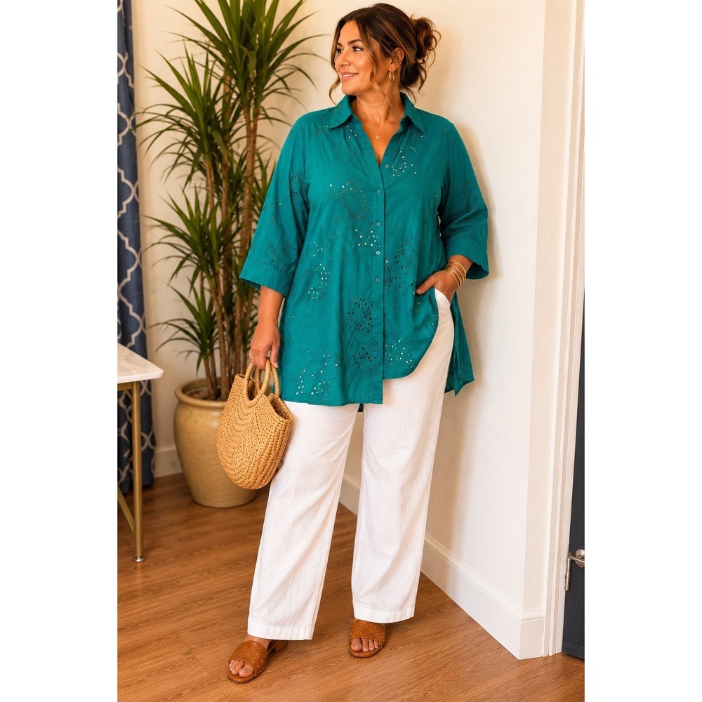 Denim 24/7 Button Up Eyelet Tunic Blouse Shirt Sz 16w Kelly Green 3/4 Sleeve